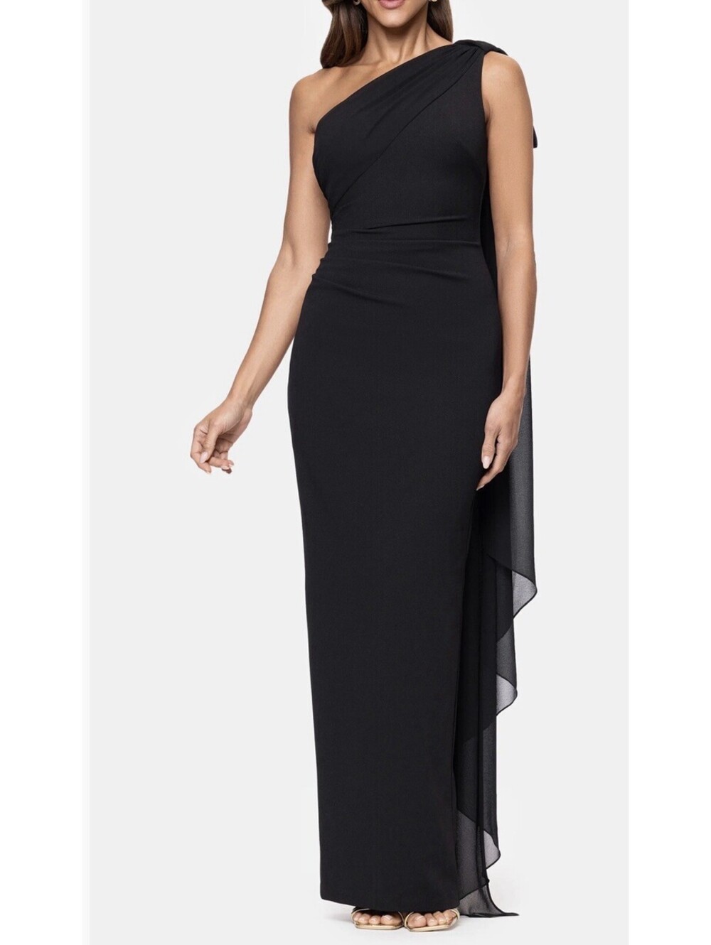 New Xscape Scarf Detail One-Shoulder Scuba Crepe Sheath Gown Black Size 6 $248